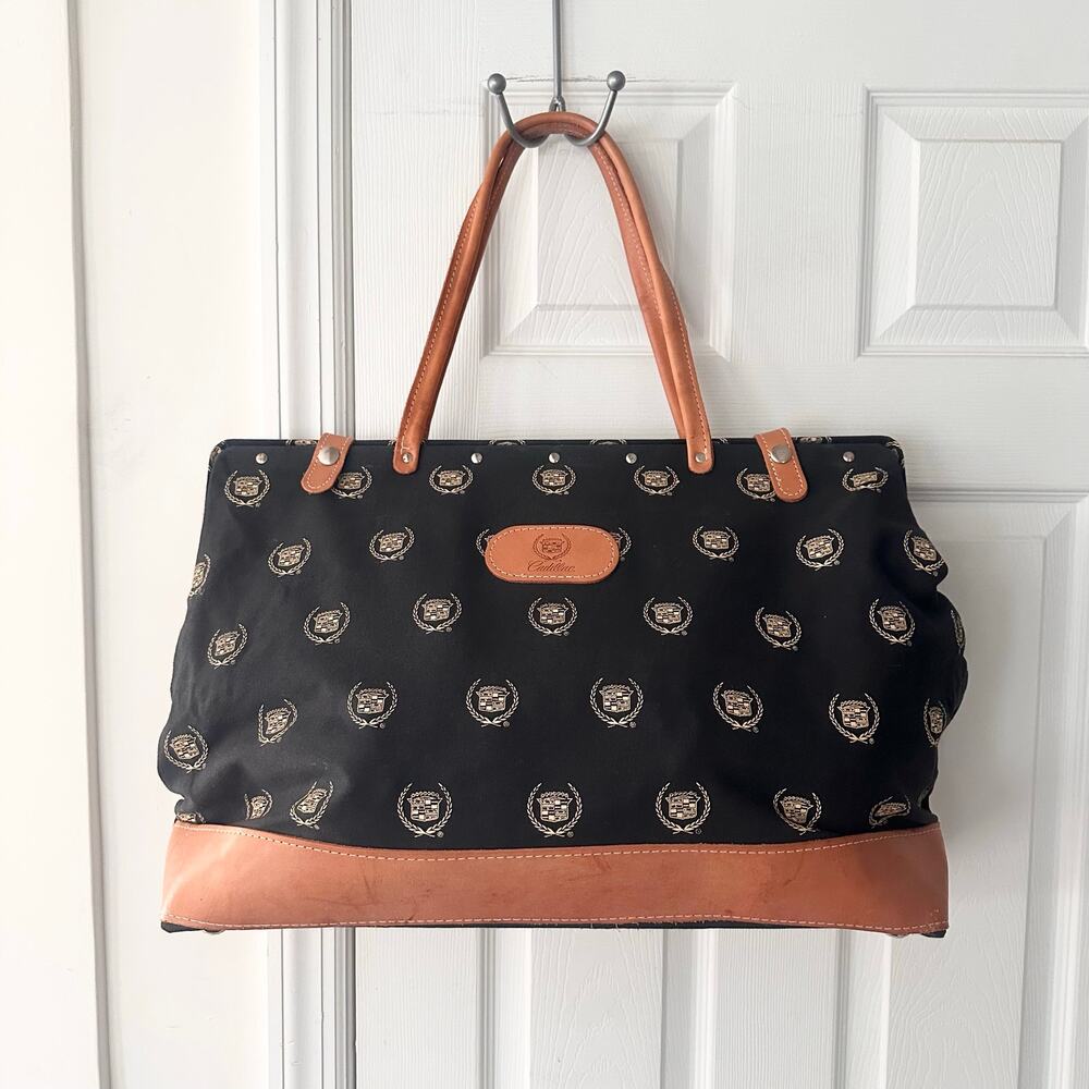 Cadillac Vintage Black Canvas Printed Leather Trim Weekender Hinge Tote Duffel
